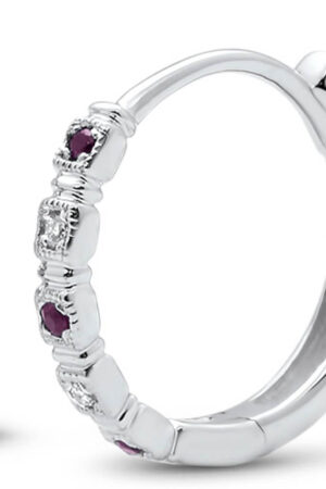 <span>GEMSTONE CLOSEOUT </span>! .10ct G SI 14k White Gold Diamond & Ruby Hoop Huggie Earrings