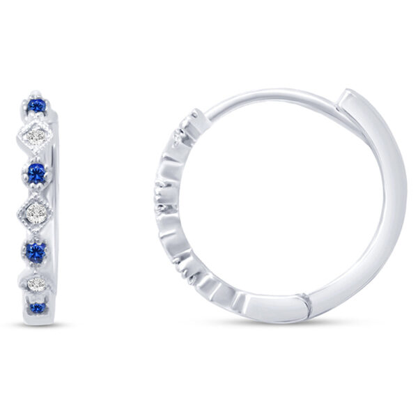 <span>GEMSTONE CLOSEOUT </span>! .15ct G SI 14k White Gold Diamond & Blue Sapphire Hoop Huggie Earrings
