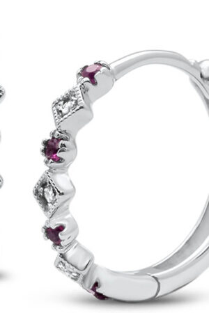 <span>GEMSTONE CLOSEOUT </span>! .15ct G SI 14k White Gold Diamond & Ruby Hoop Huggie Antique Style Earrings