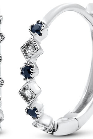 <span>DIAMOND CLOSEOUT! </span><span>GEMSTONE CLOSEOUT! </span> .16ct G SI 14k White Gold Diamond & Blue Sapphire Hoop Huggie Antique Earrings