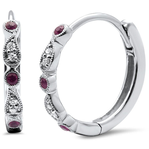 <span>GEMSTONE CLOSEOUT </span>! .31ct 14k White Gold Ruby & Diamond Hoop Antique Earrings
